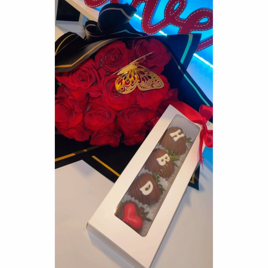 (F-089) Birthday Rose Bouquet & Chocolate Strawberry Box