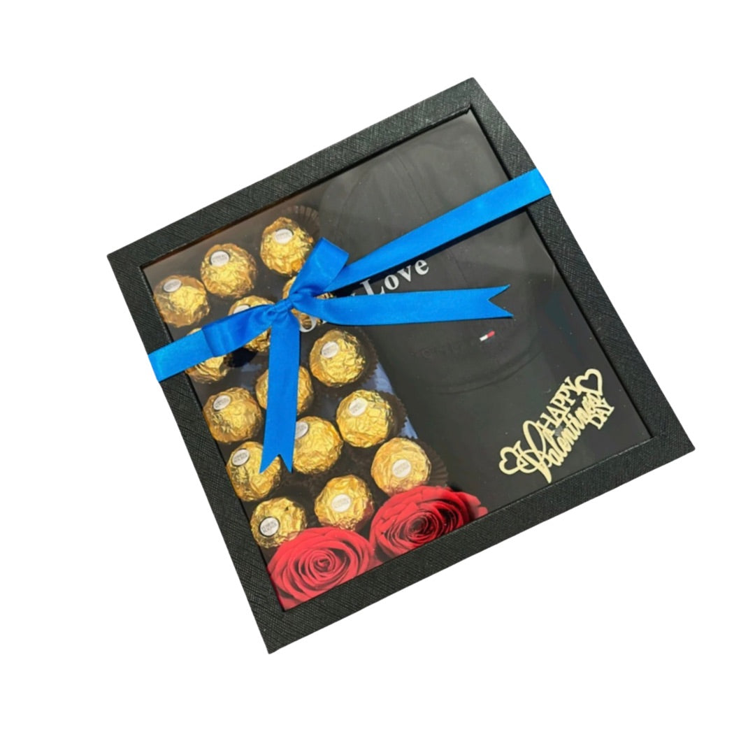 🌹 Men’s Gift Box with Cap, Roses & Ferrero — F‑082