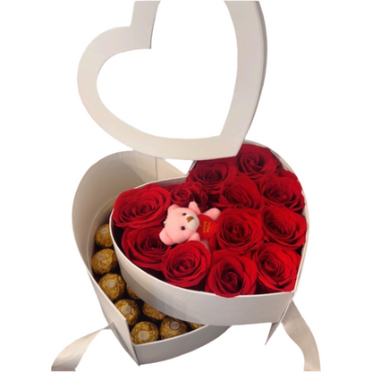 ❤️ Heart Box with Roses, Teddy Bear & Ferrero — “Sweetheart” — F‑071