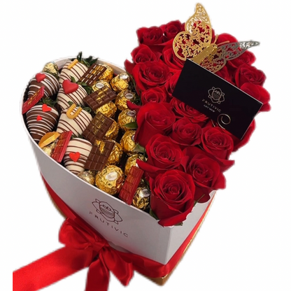 ❤️ Heart Box with Roses, Strawberries & “I ❤️ U” Letters — F‑027
