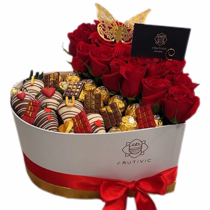 ❤️ Heart Box with Roses, Strawberries & “I ❤️ U” Letters — F‑027