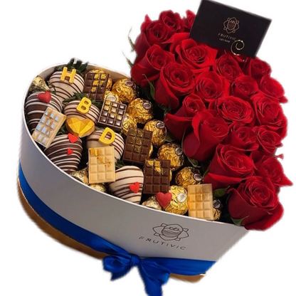 💙 Heart Box with Roses & HBD Chocolate Letters — Large — F‑026