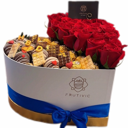 💙 Heart Box with Roses & HBD Chocolate Letters — Large — F‑026