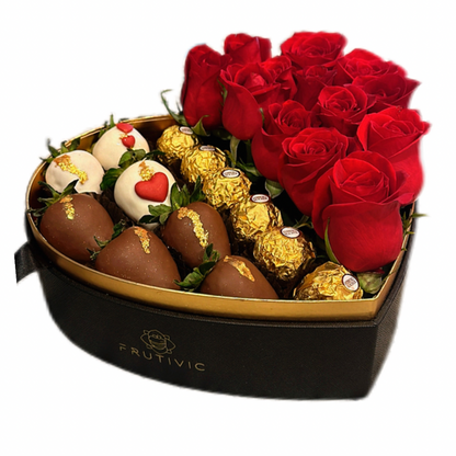 🌹 Heart Acrylic Box with Roses, Chocolate Strawberries & Ferrero — F‑008