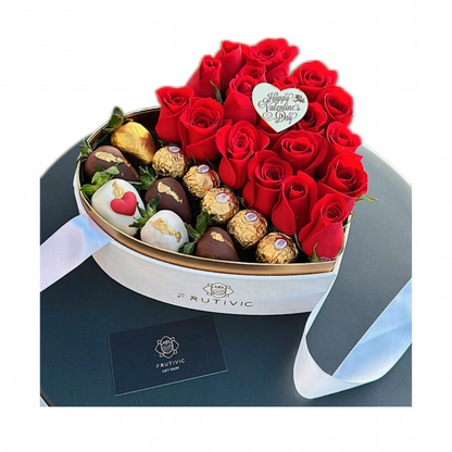 🌹 Heart Acrylic Box with Roses, Chocolate Strawberries & Ferrero — F‑008