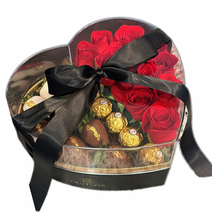 🌹 Heart Acrylic Box with Roses, Chocolate Strawberries & Ferrero — F‑009