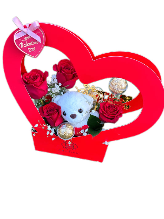 🌹 Heart Box with Roses, Teddy Bear, Ferrero & Valentine Topper — F‑051