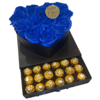 🌹💙 Heart Box with Fresh Blue Roses & Ferrero Rocher — Blue Edition — F‑018