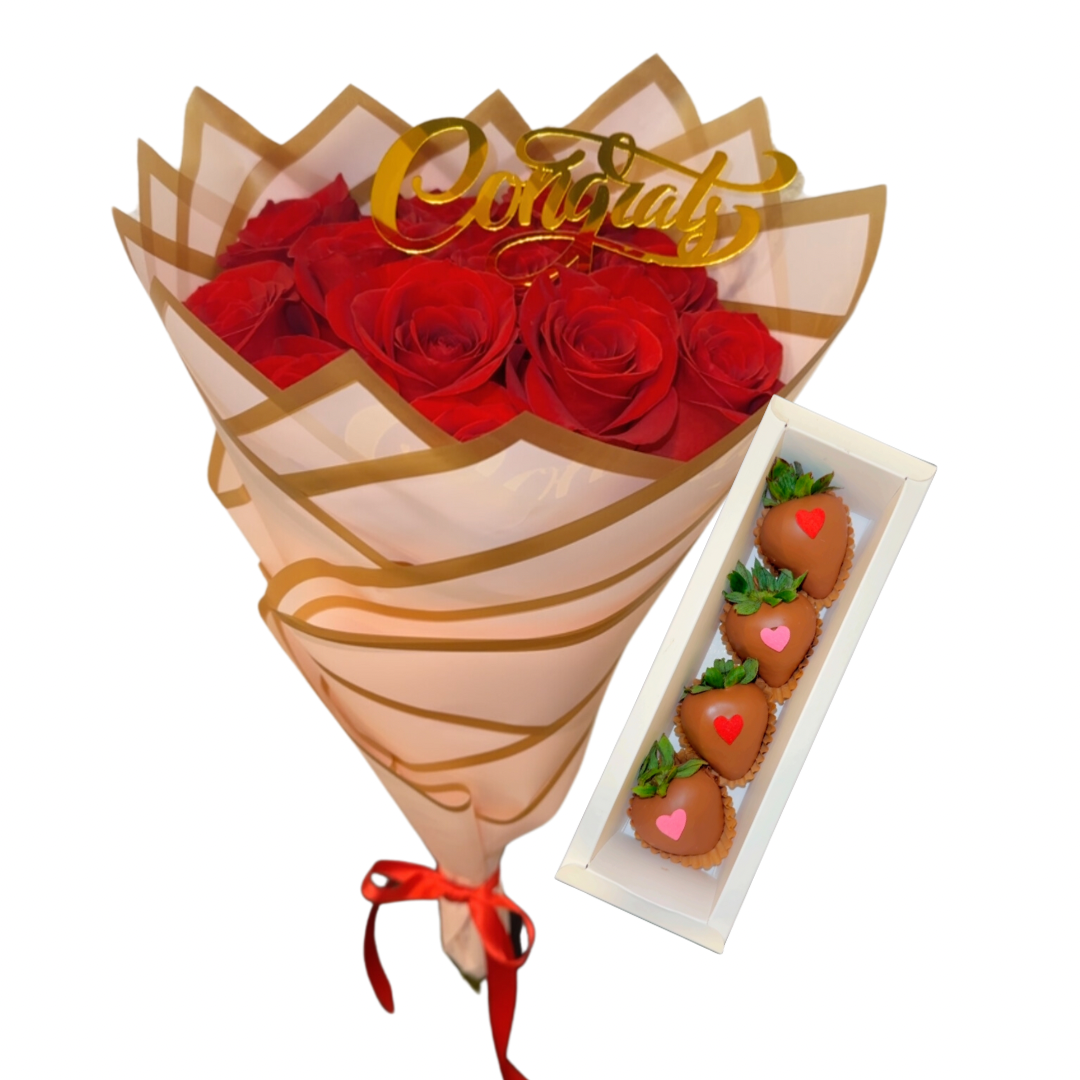(F-011) Red Rose Bouquet / Chocolate Covered Strawberries