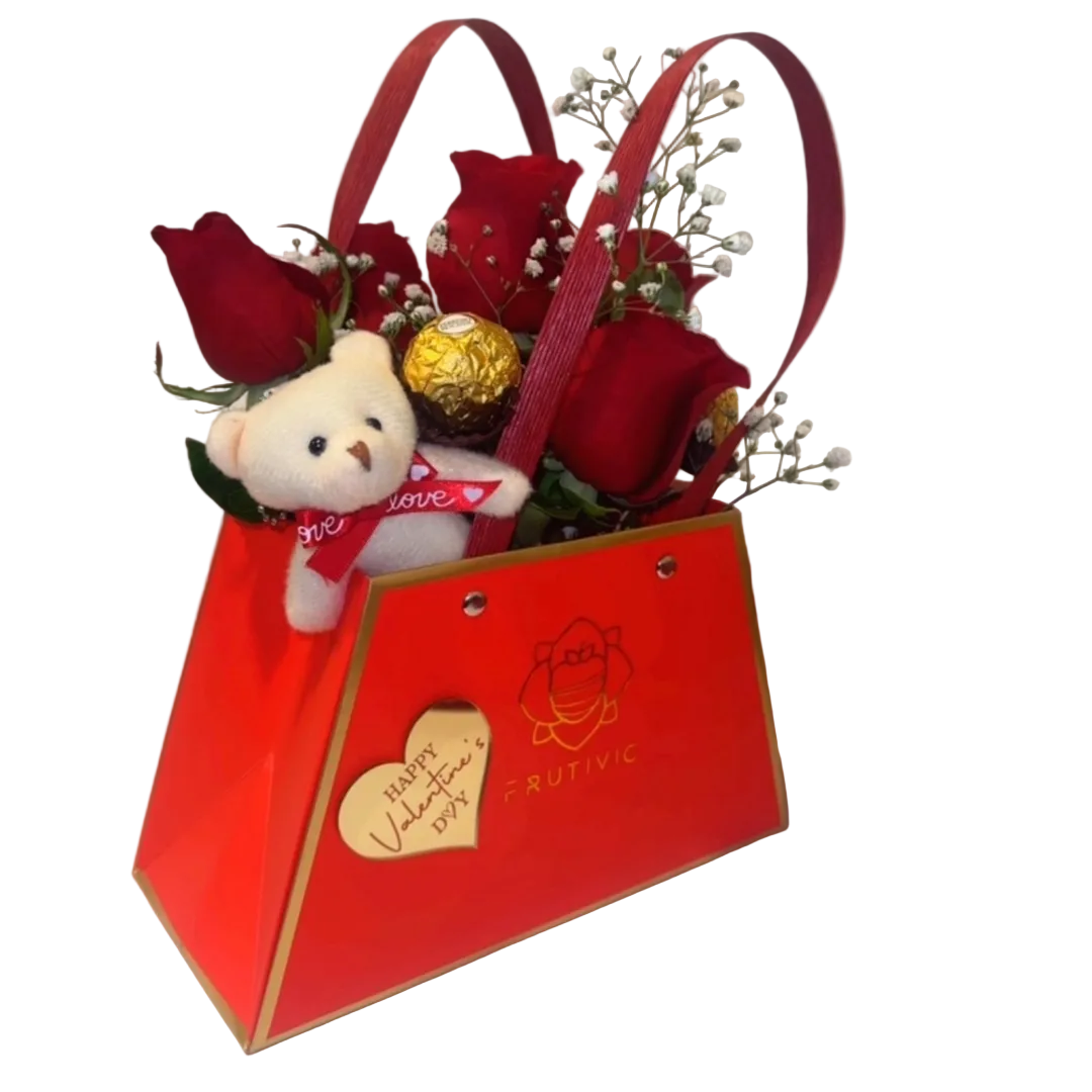 🌹 Romantic Mini Gift Bag with Roses & Teddy Bear — F‑077