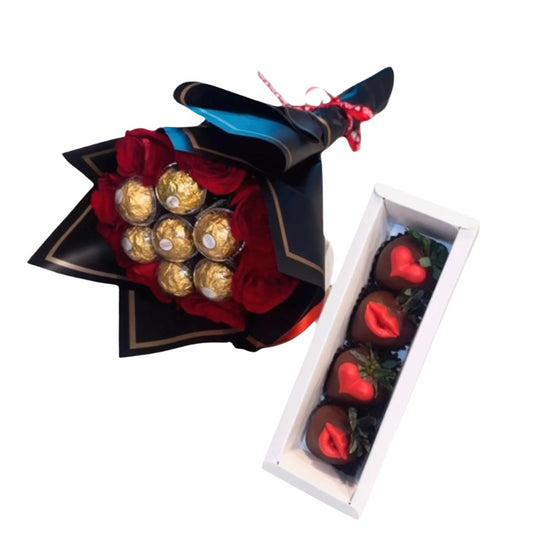 🌹 Red Rose Bouquet & “I Love You” Chocolate Strawberries — F‑074