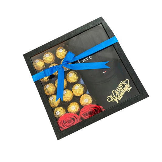 🌹 Men’s Gift Box with Cap, Roses & Ferrero — F‑082