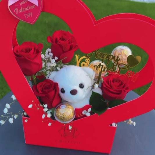 🌹 Heart Box with Roses, Teddy Bear, Ferrero & Valentine Topper — F‑051