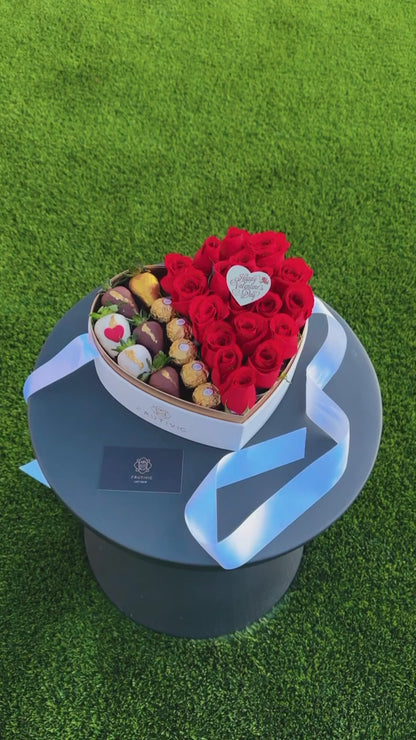 🌹 Heart Acrylic Box with Roses, Chocolate Strawberries & Ferrero — F‑008