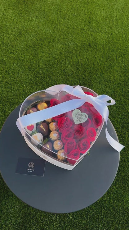 🌹 Heart Acrylic Box with Roses, Chocolate Strawberries & Ferrero — F‑008
