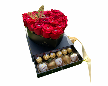 ❤️ Luxury Heart Box with Roses & Chocolate Strawberries — F‑035