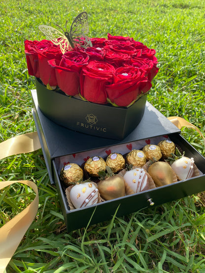❤️ Luxury Heart Box with Roses & Chocolate Strawberries — F‑035